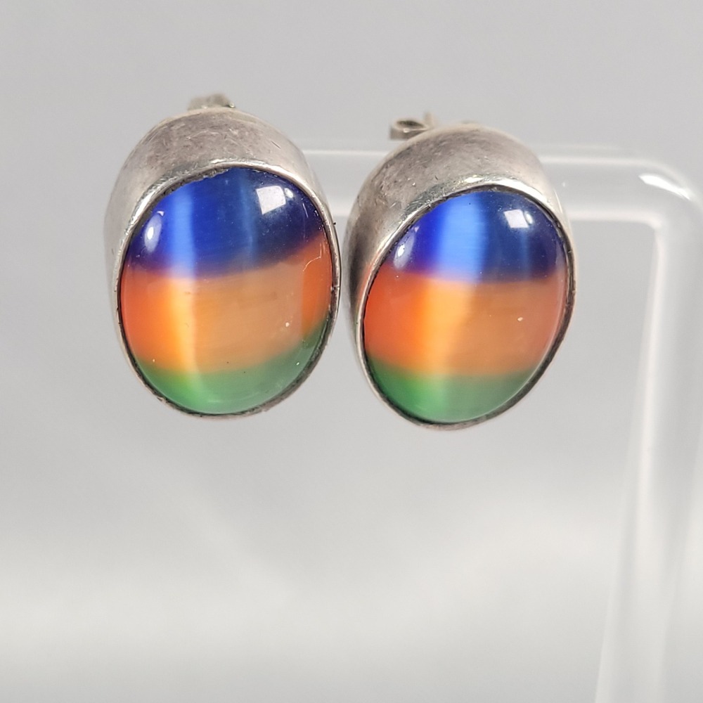 RARE Taxco Mexico 925 Sterling Silver Tri-Color Cat Eye Glass Oval Stud Earrings